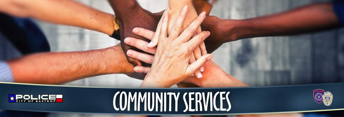 A group of diverse hands placed together in unity, symbolizing teamwork and community spirit. Text reads "Community Services" with police department logos.